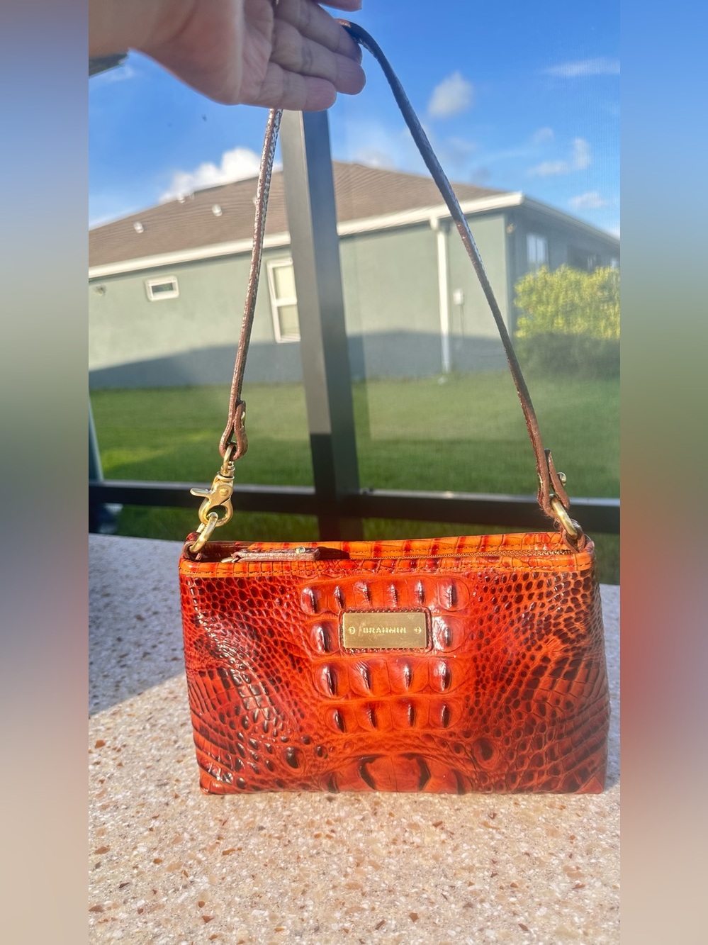 Brahmin Lorelei Shoulder Bag in a vibrant orange croco-embossed leather